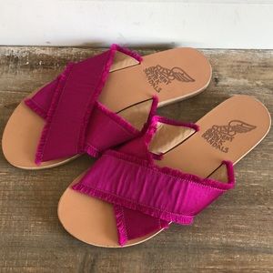 Ancient Greek Sandals Fuschia Satin Covered Leather Straps Size 39 (US 9)